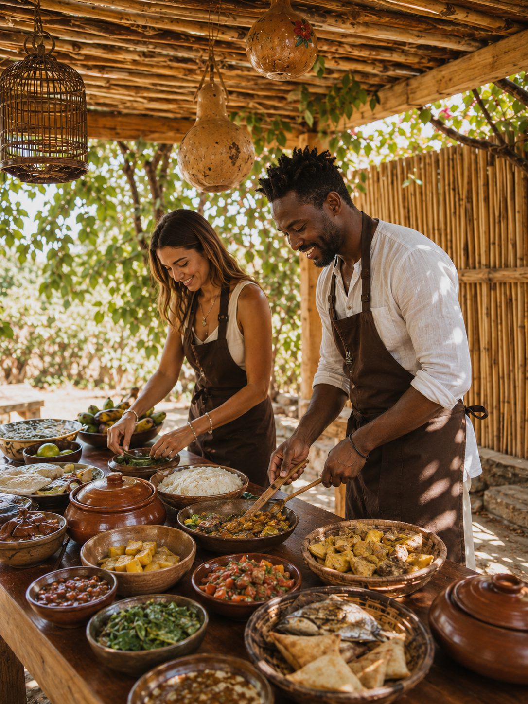 Preparing a Tanzanian meal at a long outdoor table